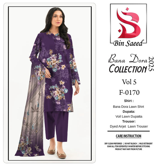 ✨ Binsaeed❤️ Bana Dora 3piece Unstitched Suit Summer Lawn Collection